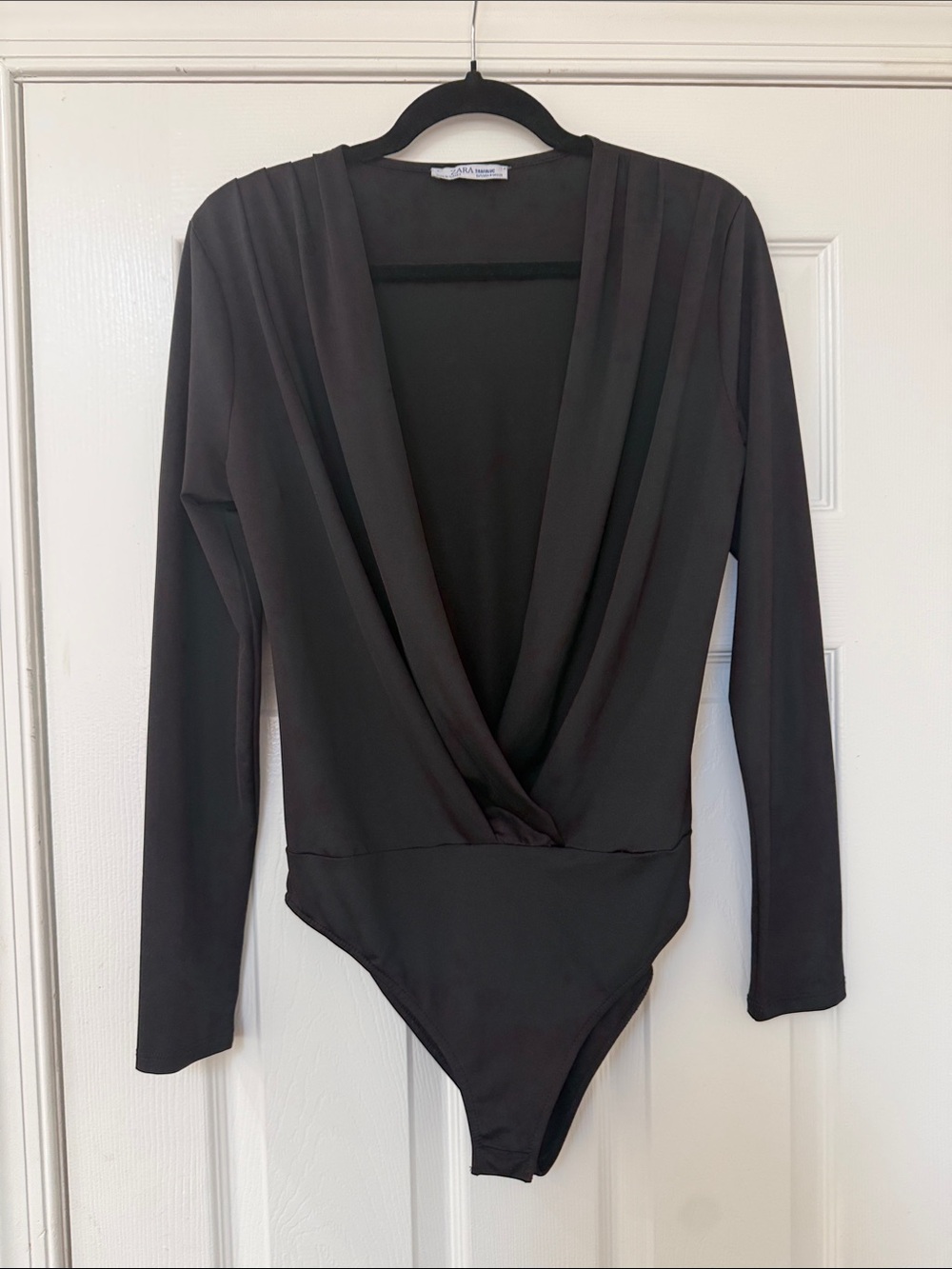 Zara Black Long-Sleeve Draped Deep V-Neck Bodysuit